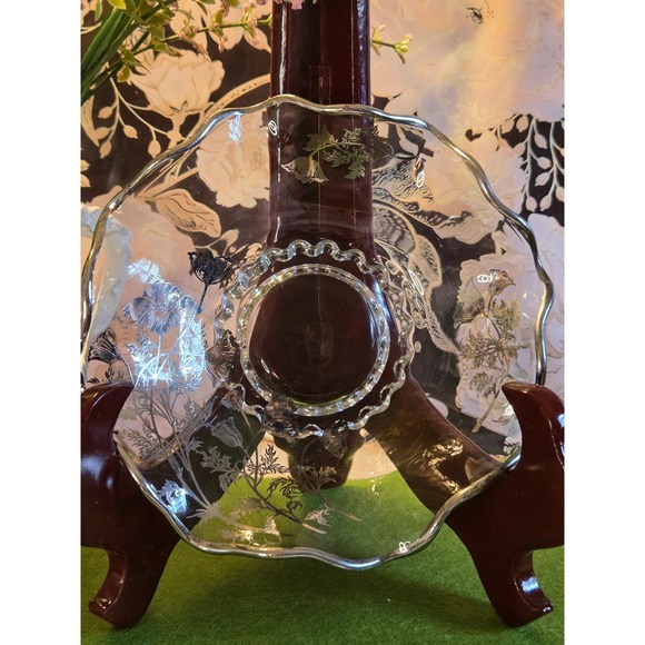 Vintage Silver Overlay Clear Glass Ruffled Floral Poppy Bowl Scalloped Rim - Picture 6 of 6